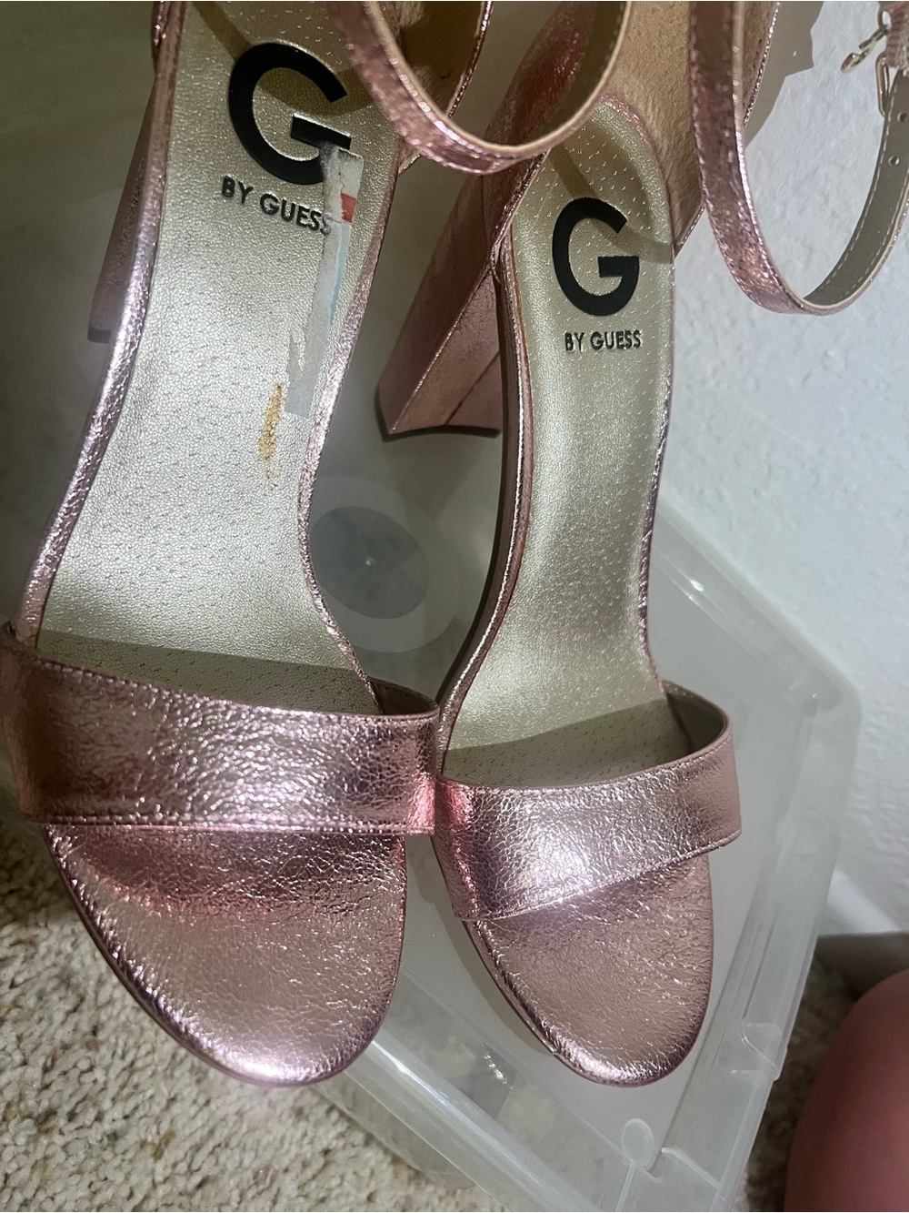 G by GUESS Metallic Rose Gold Ankle-Strap Block Heels
